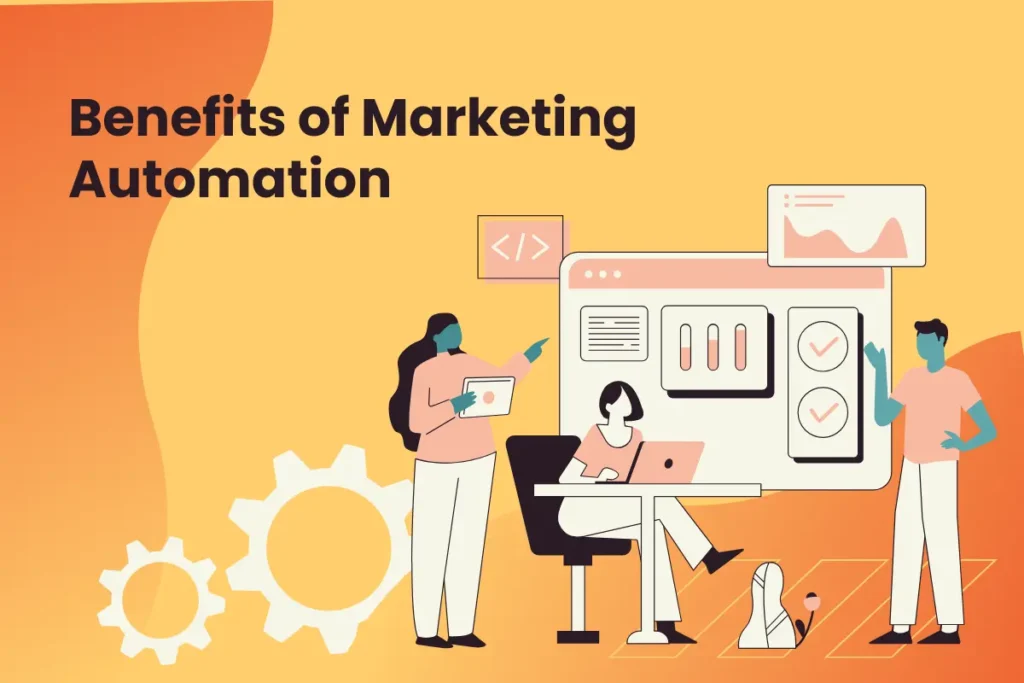 illustrating 11 benefits of marketing automation, including lead nurturing, efficiency, and ROI enhancement.