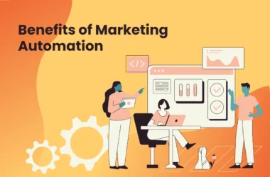 illustrating 11 benefits of marketing automation, including lead nurturing, efficiency, and ROI enhancement.