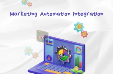 Illustration of marketing automation integration process, connecting CRM, email marketing, and analytics tools for streamlined workflows.