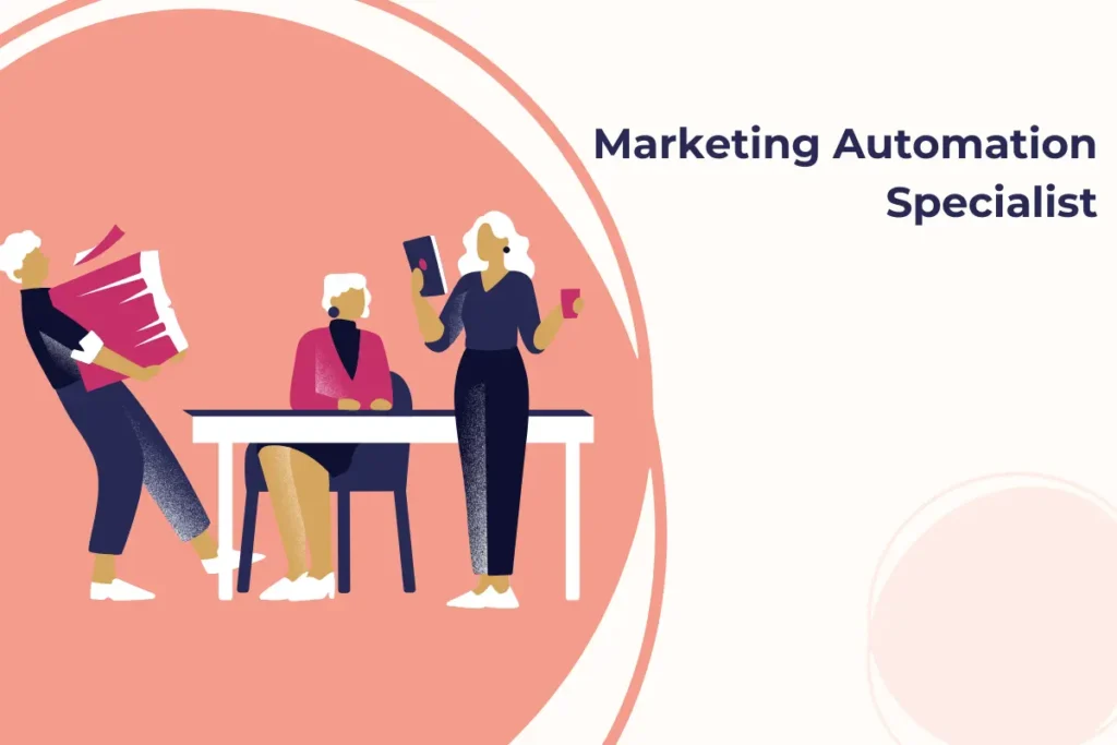 Illustration of a Marketing Automation Specialist at work in 2025, managing automated email campaigns and analyzing performance metrics.