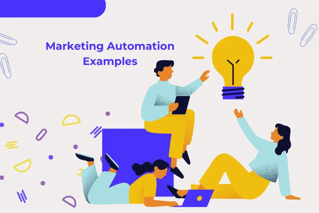 Illustration depicting a marketing automation workflow with personalized email campaigns, customer segmentation, and analytics dashboard.
