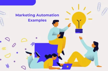 Illustration depicting a marketing automation workflow with personalized email campaigns, customer segmentation, and analytics dashboard.